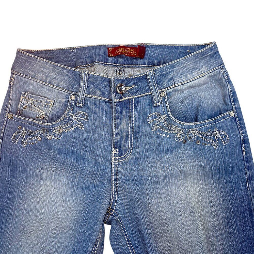 One Jeans Womens Size 4 Blue Bootcut Style Bling Jeans Rhinestone Embroidery